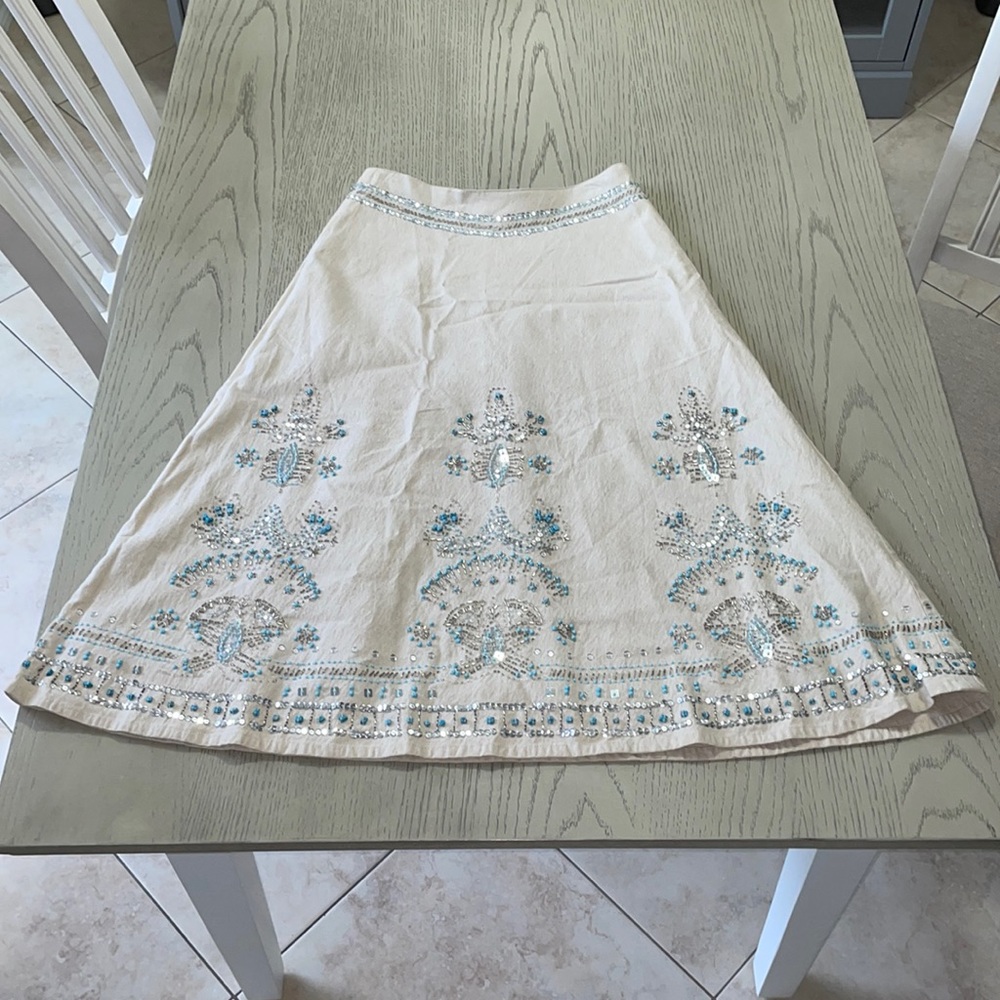 Lillie Rubin Cream Midi Skirt with Blue Embroidered Accents